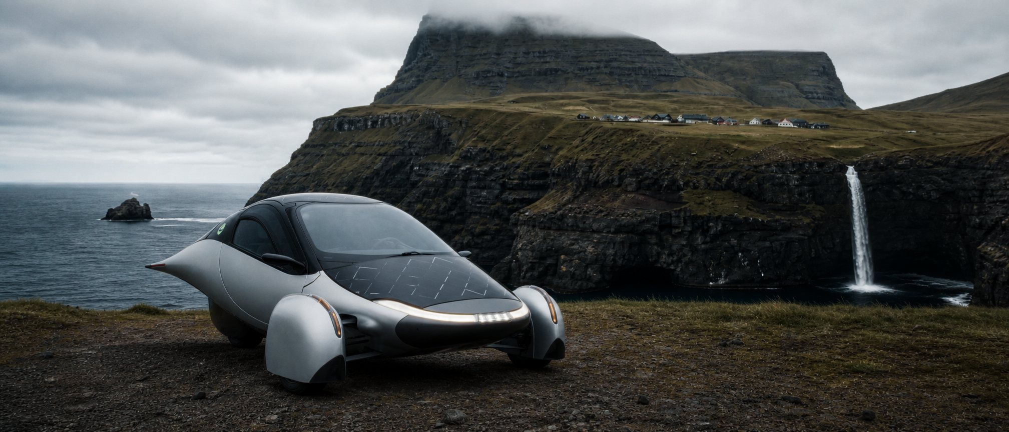 Board one: the Aptera parked on a moody cliff edge with a waterfall and sea stacks behind it