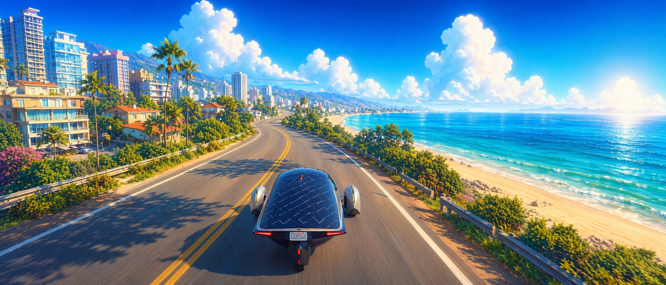 The Aptera solar electric vehicle on an oversaturated coastal highway
