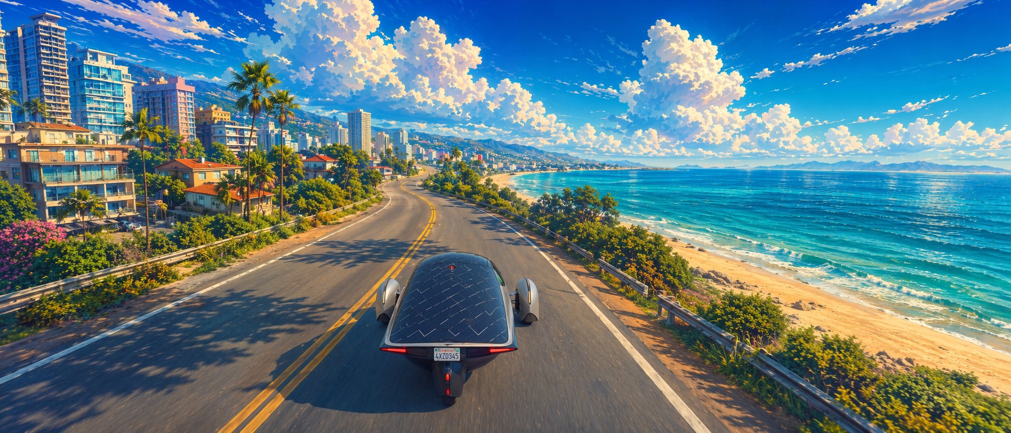 Second frame of the Aptera coastal run, winding beach road with palms, saturated blue sky with towering clouds