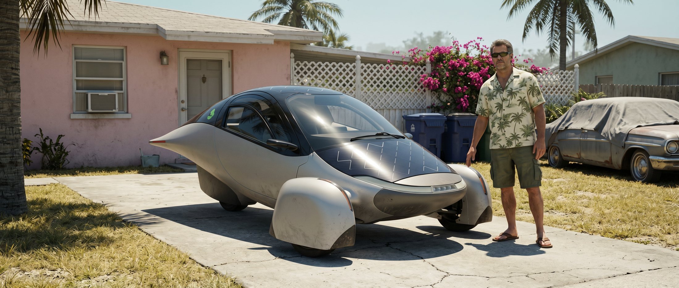 GTA style frame: the Aptera parked in a sunny Florida driveway, its owner standing beside it in a palm print shirt