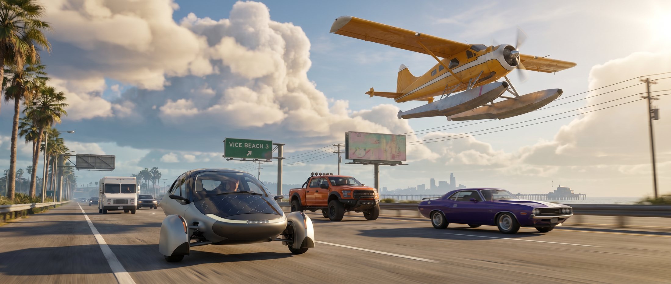 GTA style frame: the Aptera on a coastal highway with a seaplane overhead and muscle cars alongside, Vice Beach sign above