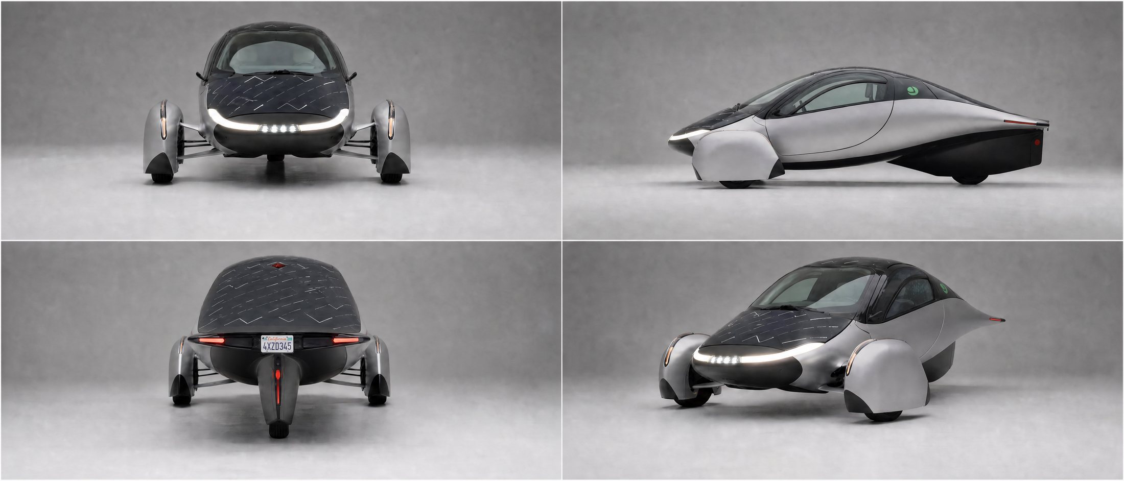 Studio vehicle sheet of the Aptera: front, side, rear and three quarter views on a grey studio background