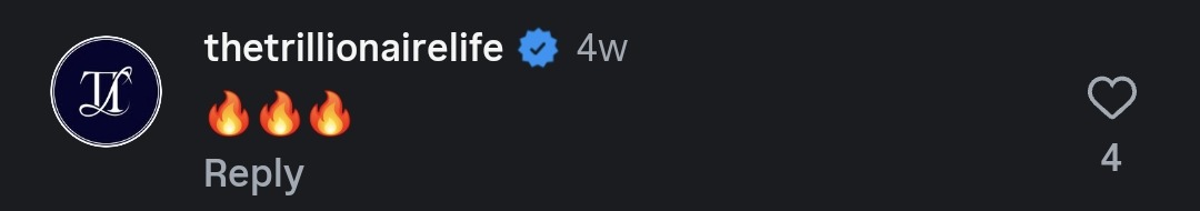 Instagram comment from thetrillionairelife, a verified account, three fire emojis
