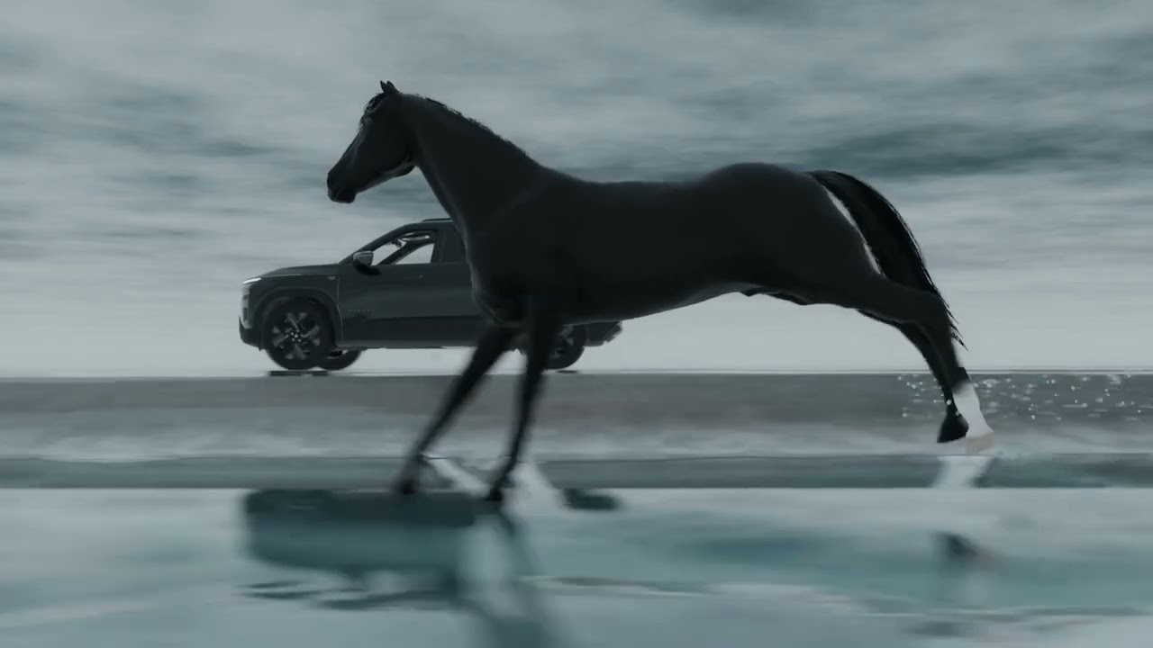 Previz frame: a black horse running past the Tata Sierra on the salt flats
