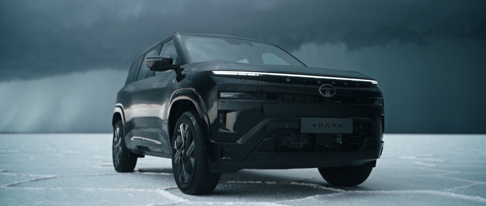The Tata Sierra #DARK Edition on the white salt desert