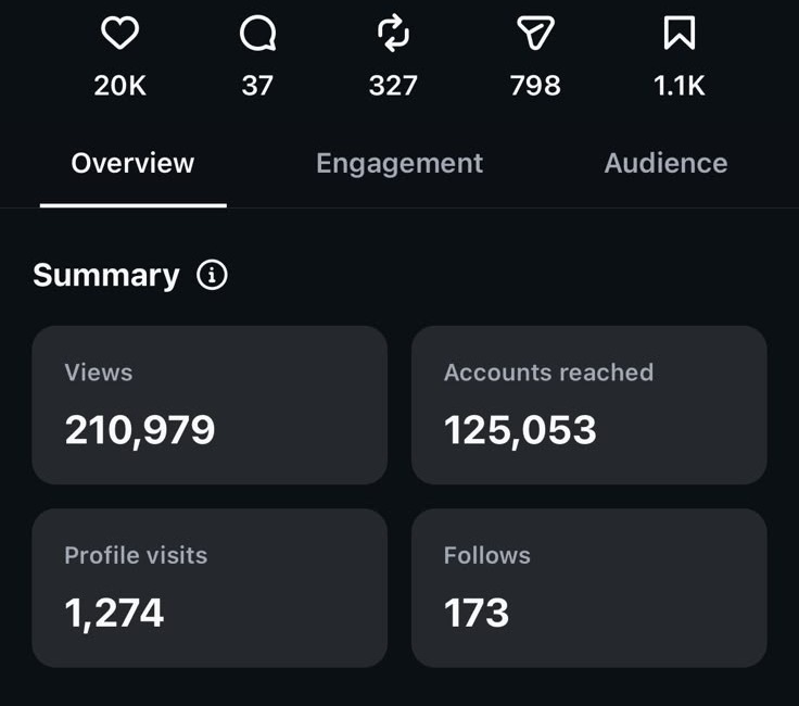 Instagram Post insights:210,979 views, 125,053 accounts reached, 20K likes, 173 new follows