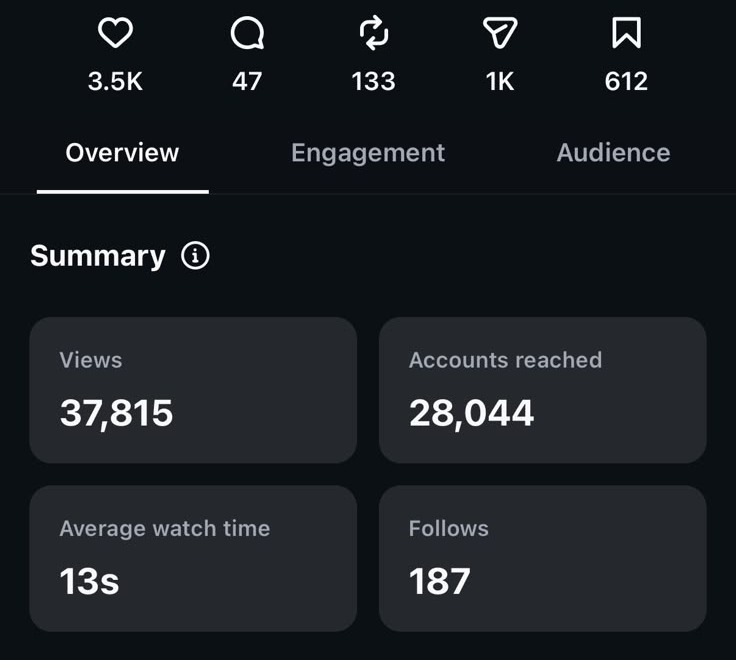 Instagram Reel insights:37,815 views, 28,044 accounts reached, 3.5K likes, 13s average watch time