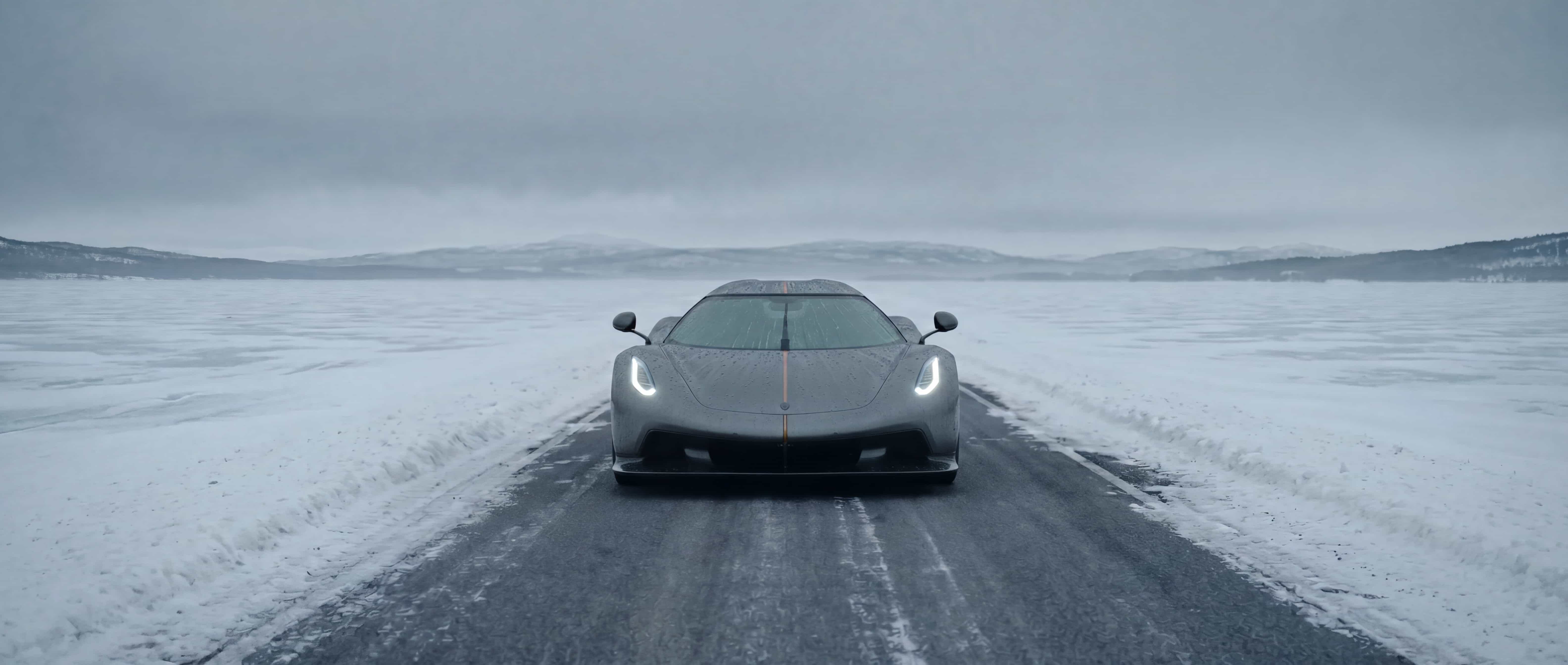 A Koenigsegg Jesko on a frozen alpine runway