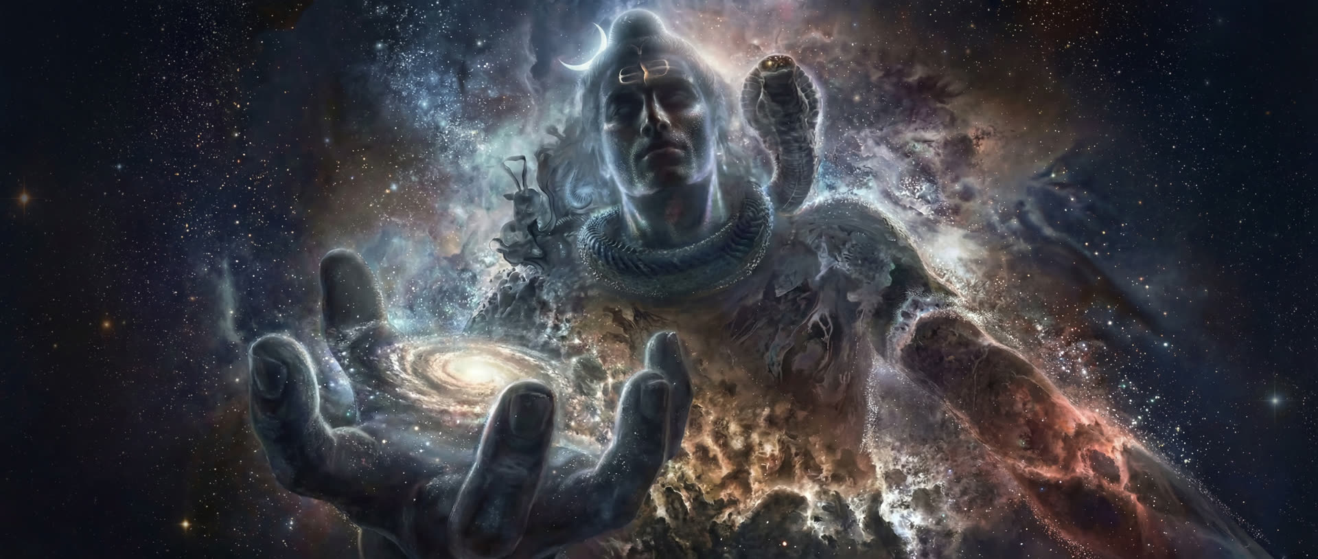 Shiva against a cosmic sky above Mount Kailash
